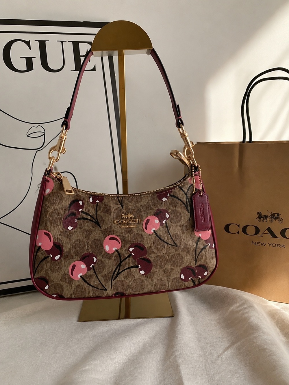 Coach Brown Signature Canvas Floral Crossbody with Pink Trim